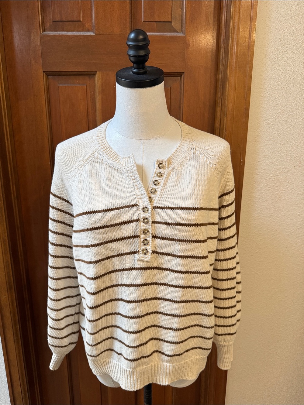 Sezane Cream & Brown Stripe Henley Sweater with Button Placket Size S - Picture 4 of 9
